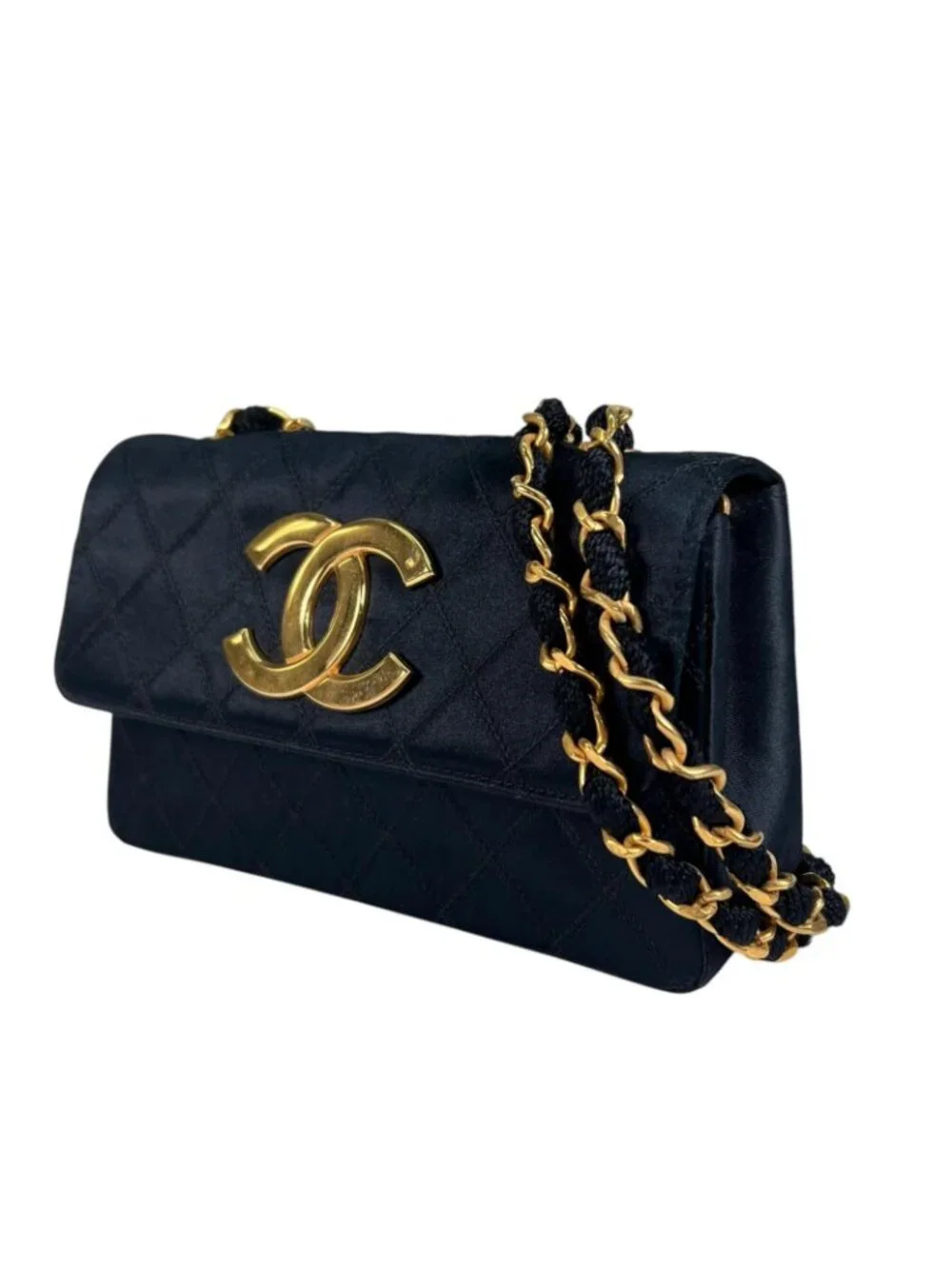 Chanel Large CC Logo Quilted Chain Shoulder Bag Satin Black